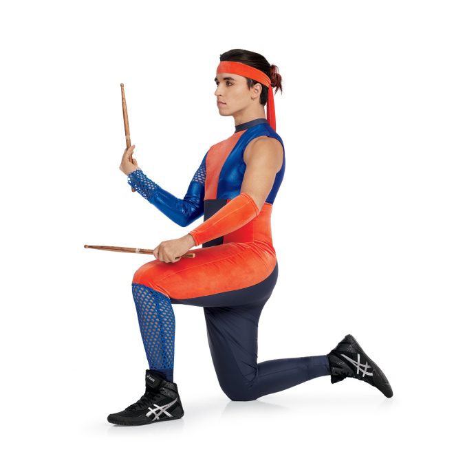 Custom percussion uniform. Orange, royal, and navy uniform with one long sleeve and one sleeveless side view