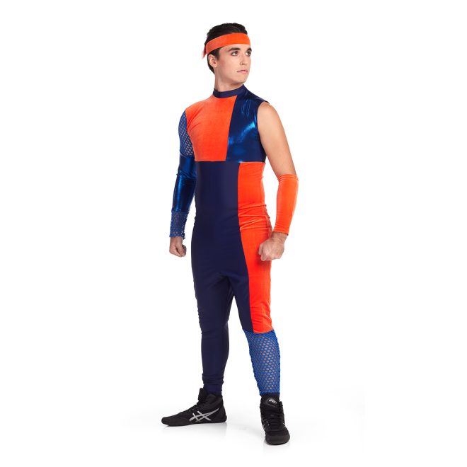 Custom percussion uniform. Orange, royal, and navy uniform with one long sleeve and one sleeveless front view