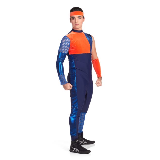 Custom percussion uniform. Orange, royal, and navy uniform with one long sleeve and one sleeveless front view