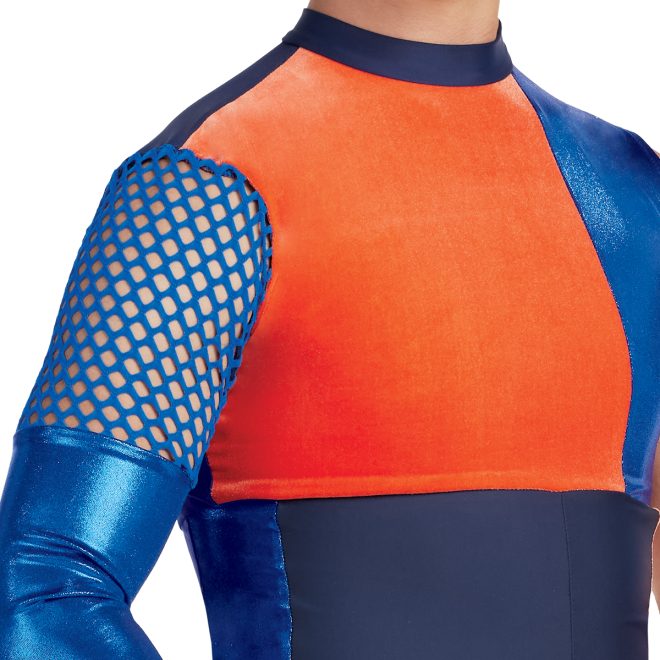 Custom percussion uniform. Orange, royal, and navy uniform with one long sleeve and one sleeveless front view