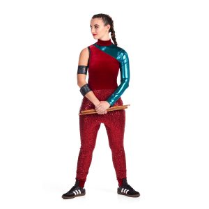 Custom percussion uniform. Red top with one sleeveless arm and one metallic teal sleeve. Sequin red pants front view with two arm cuffs
