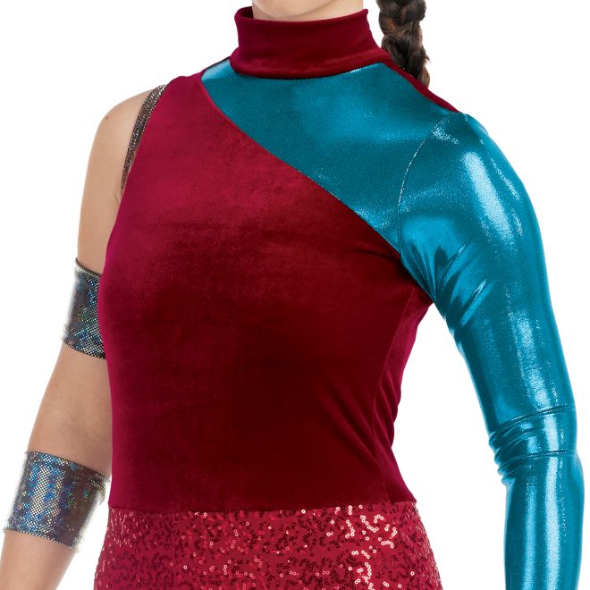 Custom percussion uniform. Red top with one sleeveless arm and one metallic teal sleeve. Sequin red pants front view with two arm cuffs