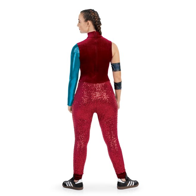 Custom percussion uniform. Red top with one sleeveless arm and one metallic teal sleeve. Sequin red pants back view with two arm cuffs