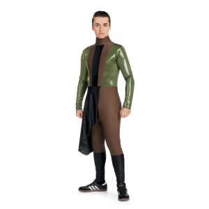Custom percussion uniform. Metallic green sleeves, brown middle chest with black in middle. Brown pants with black hip drop off right and black below knees. Front view