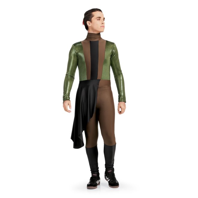 Custom percussion uniform. Metallic green sleeves, brown middle chest with black in middle. Brown pants with black hip drop off right and black below knees. Front view