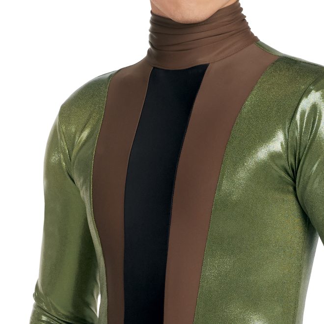 Custom percussion uniform. Metallic green sleeves, brown middle chest with black in middle. Brown pants with black hip drop off right and black below knees. Front view