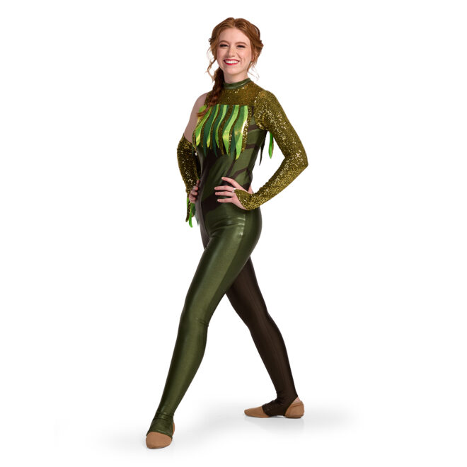 female model posing in a green tree themed printed color guard unitard with coordinating arm mitt, left three-quarters view