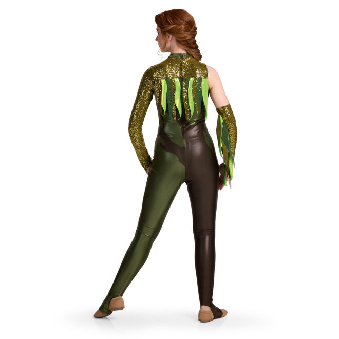 female model posing in a green tree themed printed color guard unitard with coordinating arm mitt, back view
