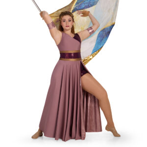 Color guard performer wearing a mauve, burgundy, and sable custom sleeveless color guard dress with built in boy shorts spinning a flag, front view.