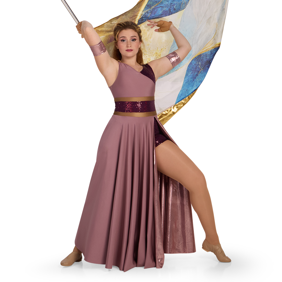 Color guard performer wearing a mauve, burgundy, and sable custom sleeveless color guard dress with built in boy shorts spinning a flag, front view.