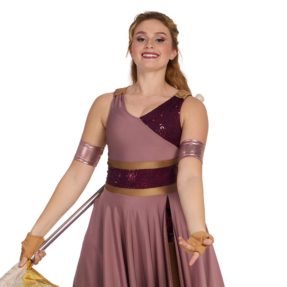 Color guard performer wearing a mauve, burgundy, and sable custom sleeveless color guard dress with built in boy shorts holding a flag, cropped detail front view.