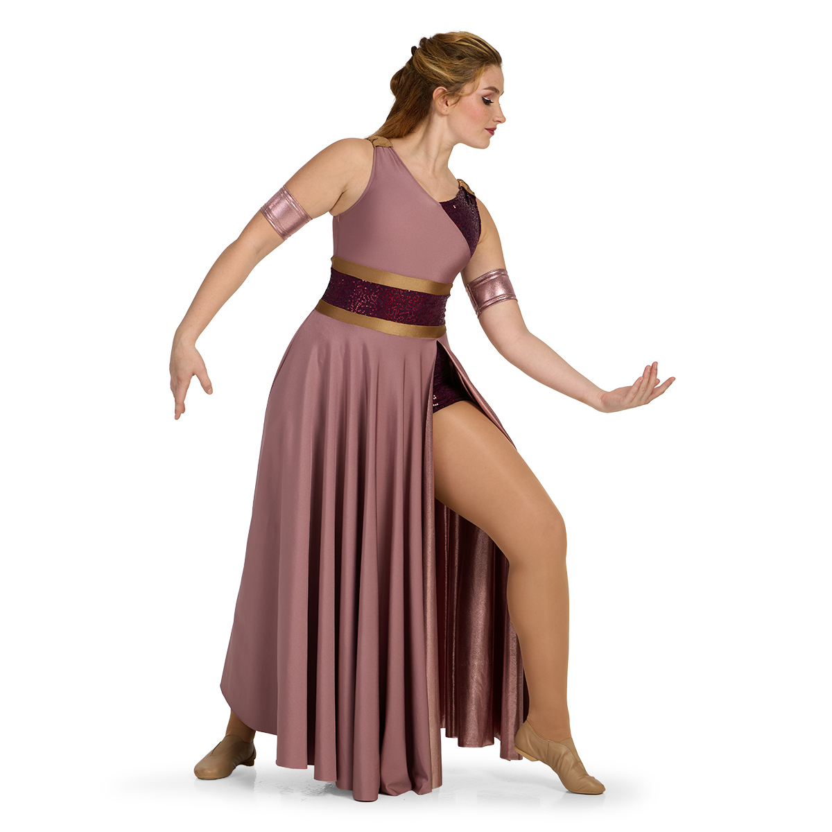 Color guard performer wearing a mauve, burgundy, and sable custom sleeveless color guard dress with built in boy shorts, front view.