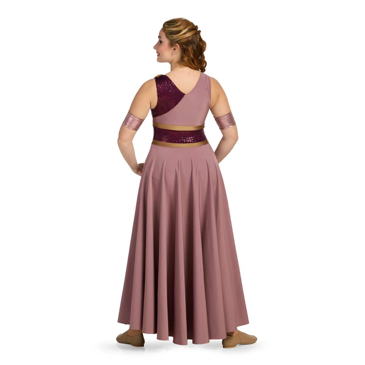 Color guard performer wearing a mauve, burgundy, and sable custom sleeveless color guard dress with built in boy shorts, back view.