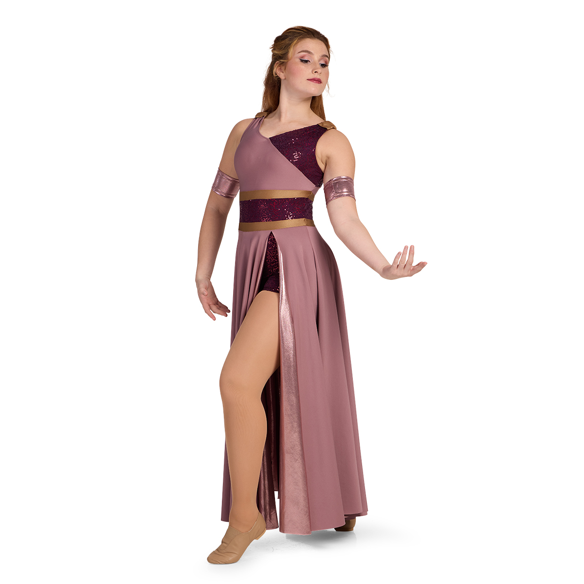 Color guard performer wearing a mauve, burgundy, and sable custom sleeveless color guard dress with built in boy shorts, front left three-quarters view.