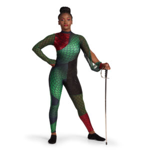 Color guard performer in green and red custom uniform with mesh sleeves holding a saber, front view