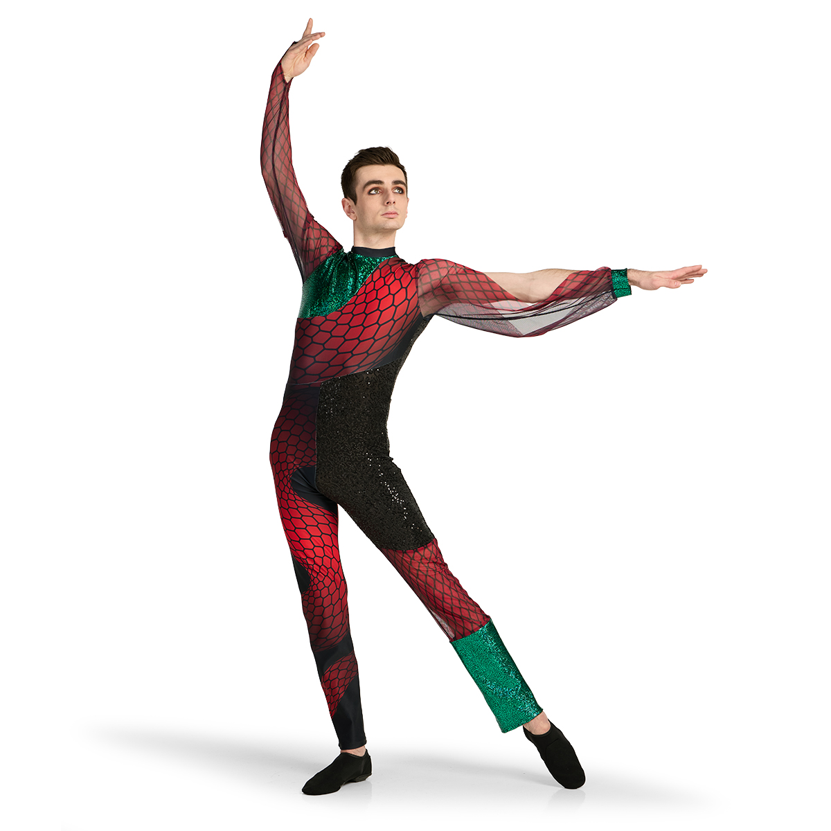 Color guard performer in a custom red and green color guard uniform with black accents and sheer scale sleeves, front view.