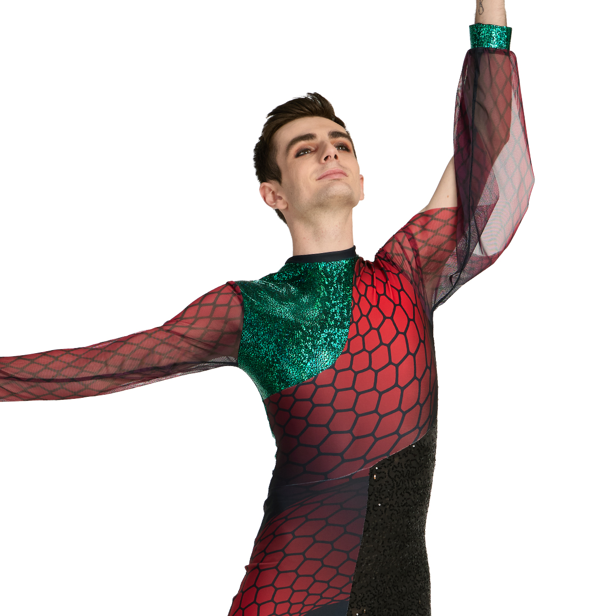 Color guard performer in a custom red and green color guard uniform with black accents and sheer scale sleeves, cropped front detail.