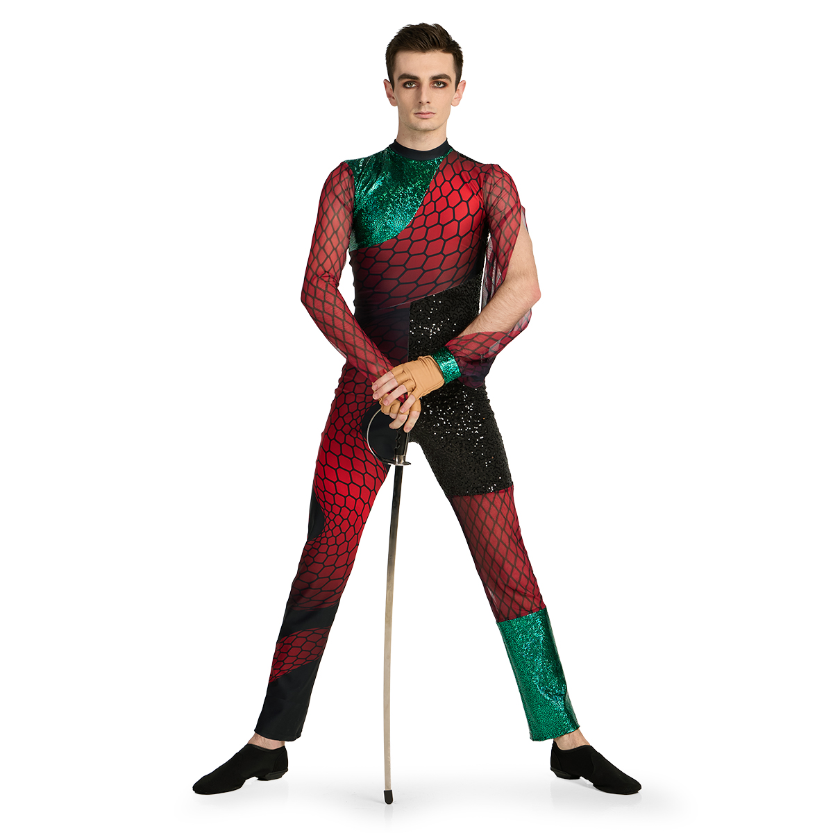 Color guard performer in a custom red and green color guard uniform with black accents and sheer scale sleeves, holding a sabre, front view.