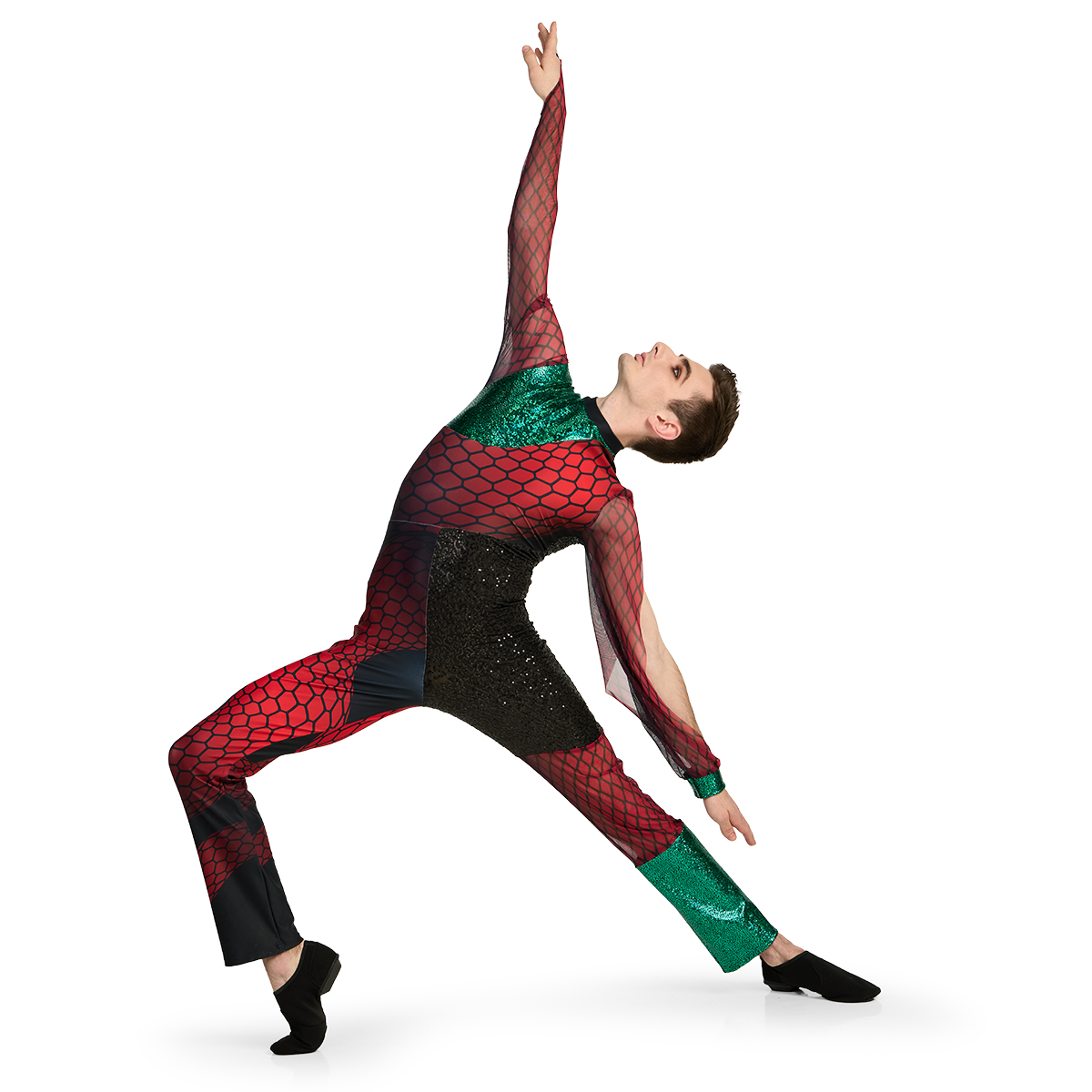 Custom red and green color guard uniforms with black accents and sheer scale sleeves, one in the air facing up, front view.