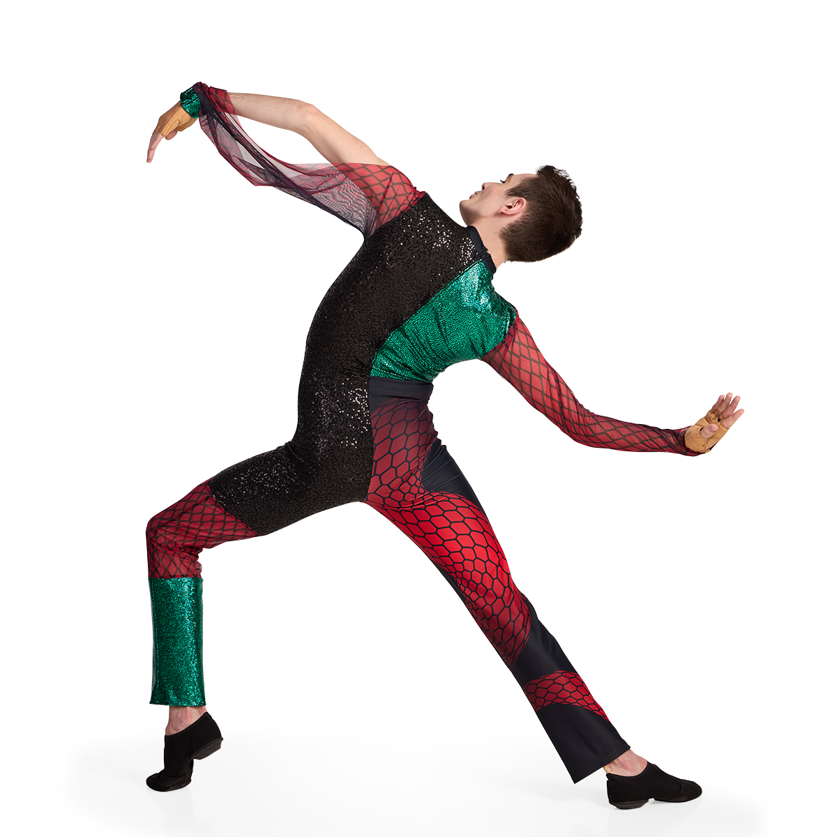 Custom red and green color guard uniforms with black accents and sheer scale sleeves, back view.