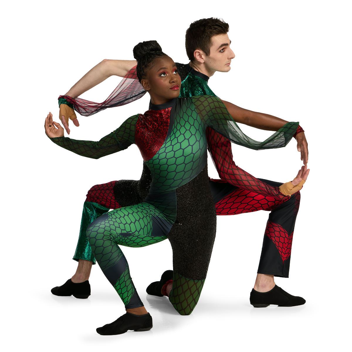 two color guard performers in custom red and green color guard uniforms with black accents and sheer scale sleeves posing intertwined, front view.