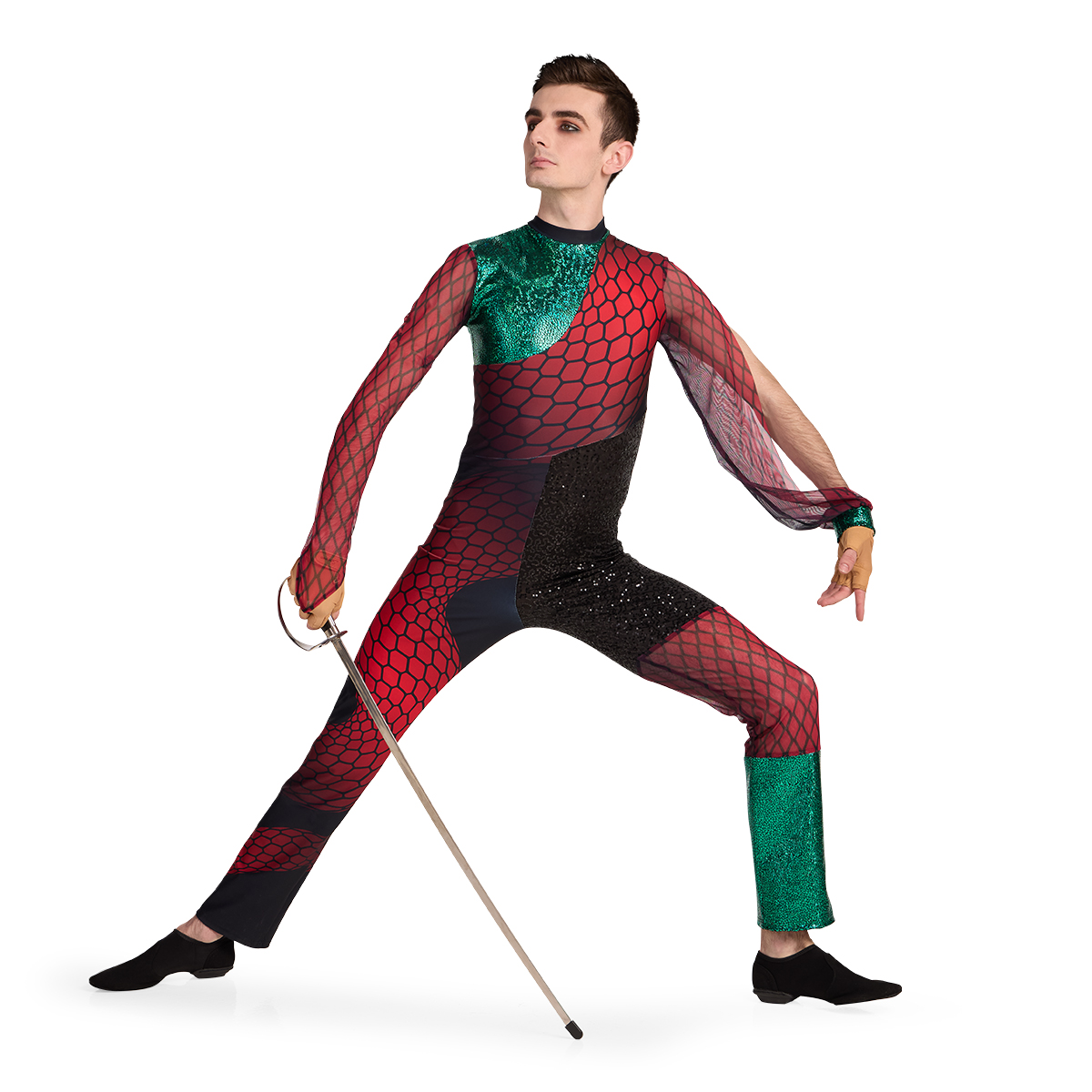 Custom red and green color guard uniforms with black accents and sheer scale sleeves, holding a sabre in one hand, front view.