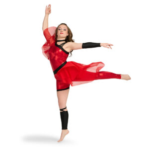 Red and black color guard unitard with asymmetrical sleeve and layered mesh skirt, front left three-quarters view.