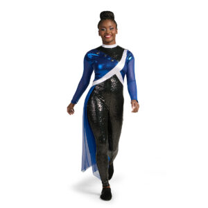 Custom blue, black and silver color guard unitard with sheer sleeves and sequin legs, front view.