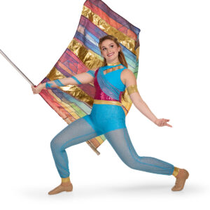 Custom blue, magenta, and gold color guard unitard with an arm band on the left and an arm wrap on the right with shorts under sheer legs, front view with a colorful hybrid color guard flag.