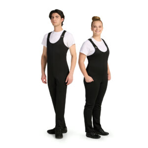 Male and female models standing back to back wearing white t-shirts and black flux performance stretch bibbers.