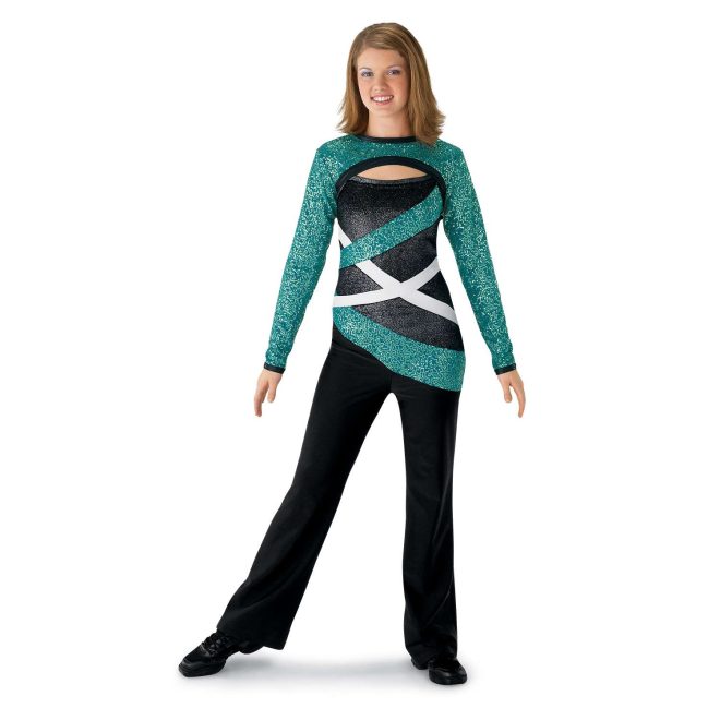 custom teal sequin sleeves with keyhole cutout black sparkle body with teal stripes pant color guard unitard back view on model