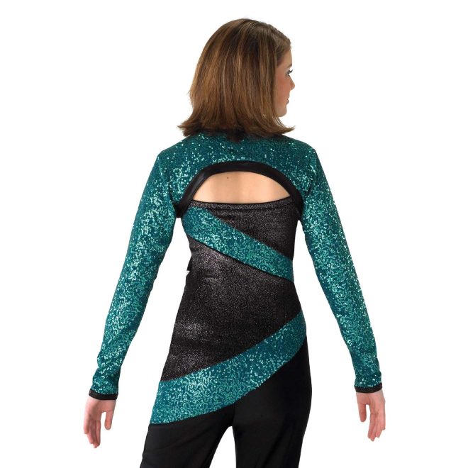 custom teal sequin sleeves with keyhole cutout black sparkle body with teal stripes pant color guard unitard back view on model