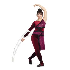 Custom legging color guard unitard. Left sleeveless, right long sleeve velvet maroon. Front body mixture of maroon velvet and sequin separated by stripes of black. Pants are velvet maroon separated from top by black stripe. Maroon sequin drape off left hip. Front view on model holding airblade
