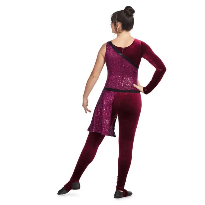 Custom legging color guard unitard. Left sleeveless, right long sleeve velvet maroon. Body mostly maroon sequin up to slanted black stripe from left shoulder to middle right back. Pants are velvet maroon separated by black stripe. Maroon sequin drape off left hip. Back view on model.