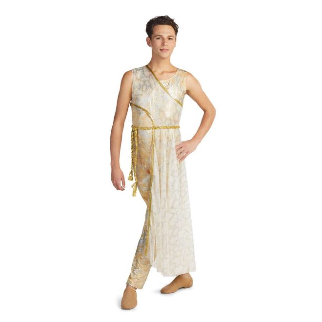 Custom sleeveless pant color guard unitard. Tan background with streaks and splotches of silver and some orange. Front view on model with mesh tunic from right shoulder to left hip with below knee skirt with gold trim and gold belt