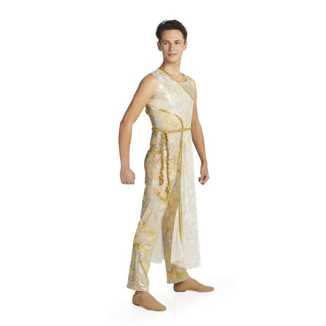 Custom sleeveless pant color guard unitard. Tan background with streaks and splotches of silver and some orange. 3/4 view on model with mesh tunic from right shoulder to left hip with below knee skirt with gold trim and gold belt