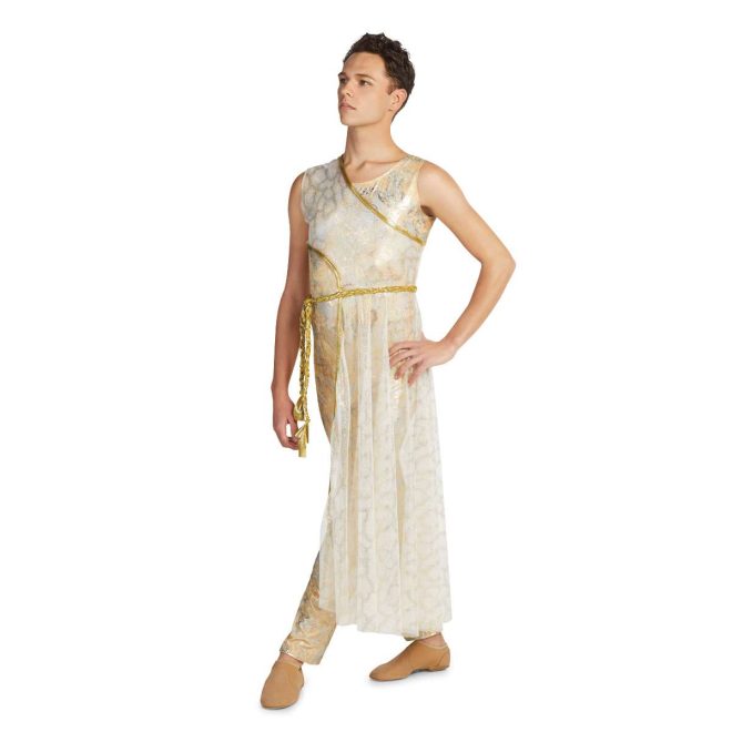 Custom sleeveless pant color guard unitard. Tan background with streaks and splotches of silver and some orange. Front view on model with mesh tunic from right shoulder to left hip with below knee skirt with gold trim and gold belt