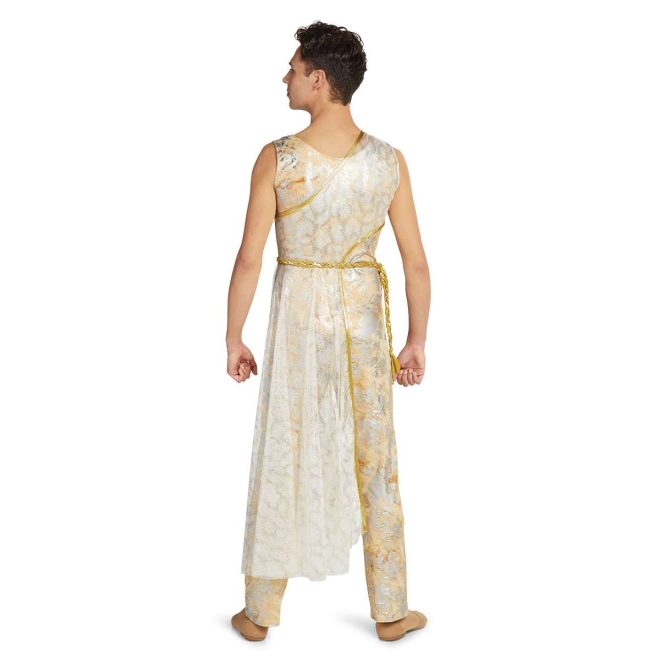 Custom sleeveless pant color guard unitard. Tan background with streaks and splotches of silver and some orange. Back view on model with mesh tunic from right shoulder to left hip with below knee skirt with gold trim and gold belt