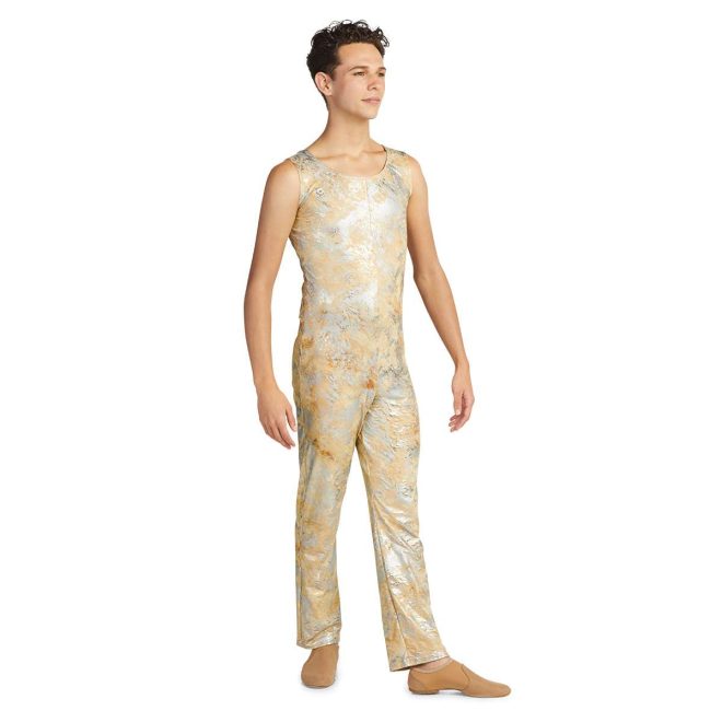 Custom sleeveless pant color guard unitard. Tan background with streaks and splotches of silver and some orange. Front view on model