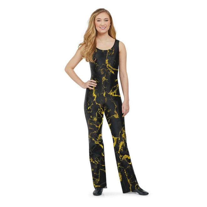 Custom sleeveless pant color guard unitard. Black and gold marble all over. Front view on model