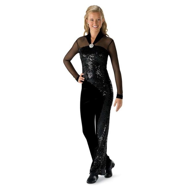 custom black mesh long sleeves and black plain and sequin body pant color guard unitard front view on model