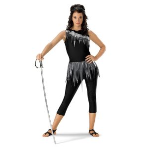 Custom color guard unitard 42777 with model in black and silver, front view