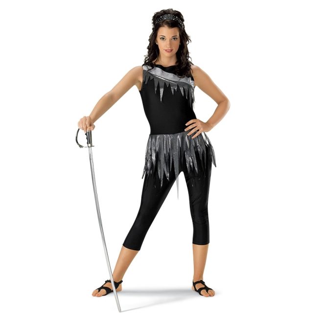 Custom color guard unitard 42777 with model in black and silver, front view