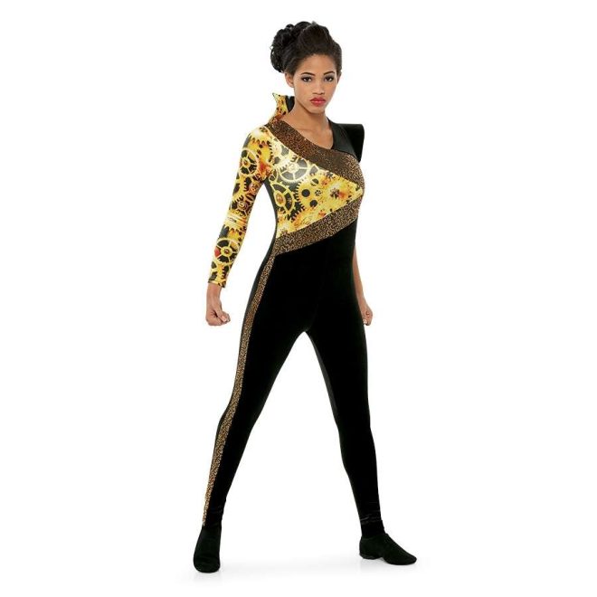 custom yellow gear printed and black one long sleeve one short sleeve color guard unitard front view on model