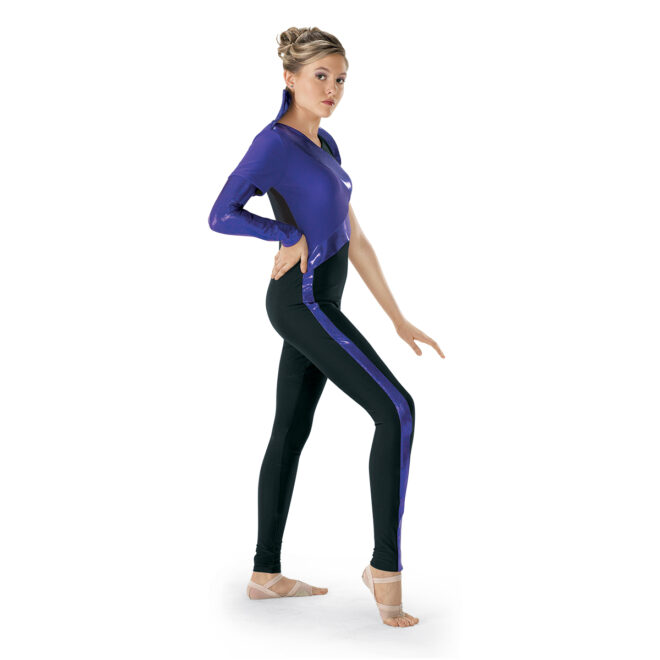 custom purple and black one long sleeve one short sleeve color guard unitard side view on model