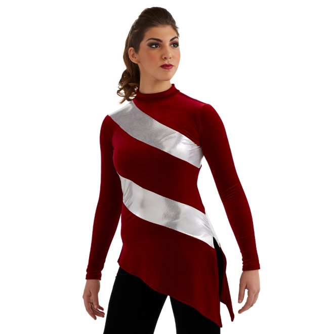 red with silver stripes asymmetrical color guard tunic long sleeve over black pants front view on model