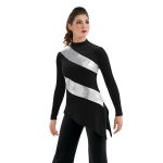 black with silver stripes asymmetrical color guard tunic long sleeve over black pants front view on model