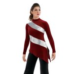 red with silver stripes asymmetrical color guard tunic long sleeve over black pants front view on model