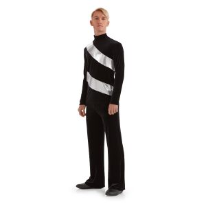 black and silver men's color guard tunic shown over black pants front view on model