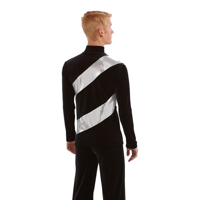 black and silver men's color guard tunic shown over black pants back view on model